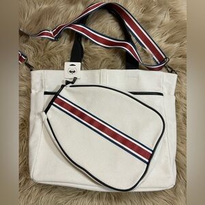 NEW! Stylish White Pickle Ball Bag with Red and Blue Stripes